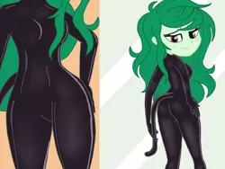 Size: 1440x1080 | Tagged: suggestive, artist:bandgeek32, derpibooru import, wallflower blush, equestria girls, ass, base used, bedroom eyes, breasts, butt, catsuit, fake tail, female, freckles, image, latex, latex suit, mirror, png, solo, solo female, wallflower butt