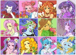 Size: 2048x1481 | Tagged: safe, artist:5mmumm5, derpibooru import, adagio dazzle, applejack, aria blaze, fluttershy, pinkie pie, rainbow dash, rarity, sci-twi, sonata dusk, starlight glimmer, sunset shimmer, trixie, twilight sparkle, equestria girls, alternate hairstyle, bust, cute, female, flower, flower in hair, flower in mouth, hibiscus, humane five, humane nine, humane seven, humane six, image, jpeg, lavender, lily (flower), looking at you, mouth hold, one eye closed, open mouth, rose, sunflower, the dazzlings, tulip, wink