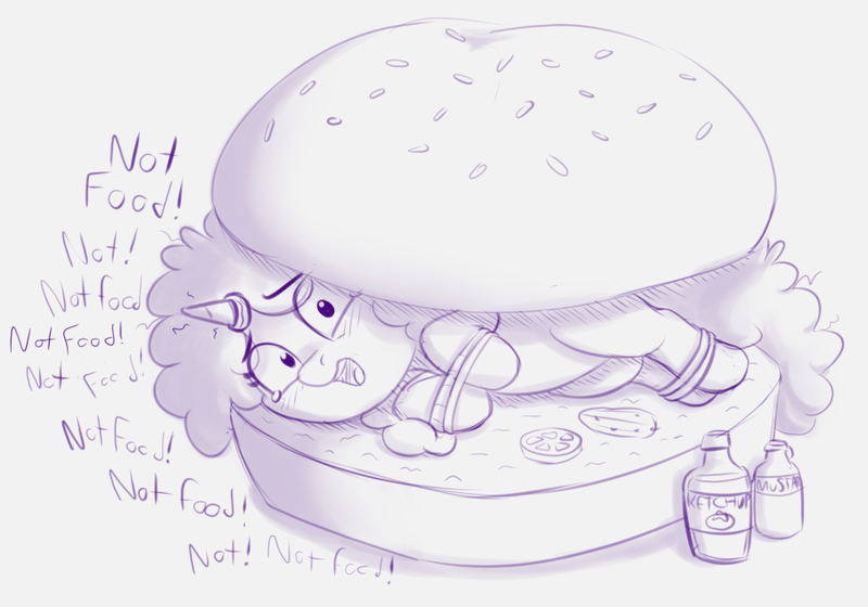 Size: 906x634 | Tagged: safe, artist:heretichesh, derpibooru import, oc, oc:not food, pony, unicorn, bondage, bun, burger, fear, female, filly, food, giant food, horn, horn ring, image, jewelry, ketchup, magic suppression, monochrome, mustard, pickle, png, ponies in food, ring, rope, rope bondage, sauce, teary eyes, tied up, tomato