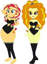 Size: 424x576 | Tagged: suggestive, artist:selenaede, artist:sturk-fontaine, derpibooru import, adagio dazzle, sunset shimmer, equestria girls, base used, bases used, bowsette, breasts, busty adagio dazzle, busty sunset shimmer, curvy, duo, hourglass figure, image, looking at you, png, simple background, smiling, smiling at you, thighs, thunder thighs, white background, wide hips