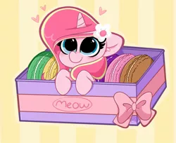 Size: 1024x836 | Tagged: safe, artist:kittyrosie, derpibooru import, oc, oc:rosa flame, unofficial characters only, pony, unicorn, box, female, floppy ears, food, heart, image, jpeg, macaron, mare, redraw, smiling, solo, striped background