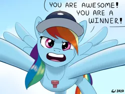 Size: 1800x1350 | Tagged: safe, artist:nagoluckyart, derpibooru import, rainbow dash, pegasus, pony, female, flying, hat, image, looking at you, mare, open mouth, outstretched arms, png, positive ponies, public service announcement, solo, spread wings, talking to viewer, text, whistle, wings