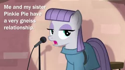 Size: 2000x1125 | Tagged: safe, derpibooru import, edit, edited screencap, screencap, igneous rock pie, maud pie, earth pony, pony, the maud couple, caption, clothes, comedy, female, frock coat, funny, geologist, geology, gneiss, image, image macro, implied pinkie pie, joke, mare, maud the comedian, microphone, open mouth, orthogneiss, paragneiss, png, pun, rock pun, satire, sedimentary rock, shadow, spotlight, talking, text, wordplay