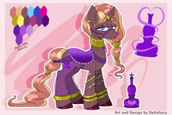 Size: 1568x1049 | Tagged: safe, artist:deltafairy, derpibooru import, oc, oc:zirithustra, unofficial characters only, genie, pony, unicorn, bottle, bracelet, bridle, clothes, cutie mark, ear piercing, earring, female, hairband, horn, horn ring, image, jewelry, leggings, lidded eyes, locket, looking at you, mare, neck rings, piercing, png, reference sheet, ring, saddle, smiling, solo, tack