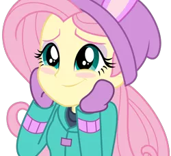 Size: 3491x3178 | Tagged: safe, artist:sketchmcreations, derpibooru import, fluttershy, equestria girls, equestria girls series, holidays unwrapped, spoiler:eqg series (season 2), blizzard or bust, blushing, bunny ears, clothes, coat, cute, eye shimmer, female, gloves, hand on face, hands on face, happy, hat, image, mittens, png, shyabetes, simple background, smiling, toque, transparent background, vector, winter outfit