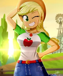 Size: 1784x2163 | Tagged: safe, artist:the-butch-x, derpibooru import, applejack, equestria girls, equestria girls series, applejack's hat, belt, blonde hair, breasts, busty applejack, clothes, cowboy hat, cute, cutie mark, cutie mark on clothes, denim skirt, female, fence, freckles, geode of super strength, grin, hat, image, jackabetes, jewelry, looking at you, magical geodes, necklace, one eye closed, png, rework, shirt, signature, skirt, smiling, smiling at you, solo, sun, sunset, sweat, sweatdrop, sweatdrops, t-shirt, tree, windmill, wink, winking at you, yellow hair