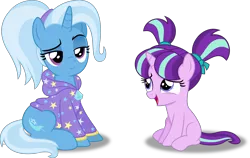 Size: 6151x3891 | Tagged: safe, artist:anime-equestria, derpibooru import, starlight glimmer, trixie, pony, unicorn, alternate hairstyle, babysitter trixie, clothes, cute, duo, female, filly, filly starlight glimmer, glimmerbetes, hairband, hoodie, image, mare, pigtails, png, simple background, smiling, transparent background, vector, younger