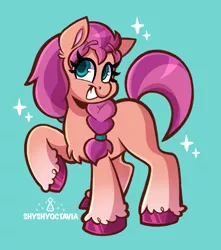 Size: 1811x2048 | Tagged: safe, artist:shyshyoctavia, derpibooru import, sunny starscout, earth pony, pony, blue background, braid, chest fluff, cute, ear fluff, female, g5, grin, image, jpeg, mare, raised hoof, simple background, smiling, solo, sparkles, sunnybetes, teeth, text, unshorn fetlocks