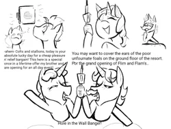 Size: 1152x864 | Tagged: suggestive, artist:dsstoner, derpibooru import, flam, flim, pony, unicorn, comic:flim and flam's hole in the wall banger, background pony, comic, female, flim flam brothers, full body glory hole, glory hole, image, male, mare, png, sketch, stallion, text, through wall