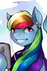 Size: 2000x3000 | Tagged: safe, artist:ping000, derpibooru import, rainbow dash, pegasus, pony, earbuds, grin, image, mobile phone, phone, png, smartphone, smiling, solo