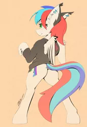 Size: 3900x5700 | Tagged: safe, artist:pedalspony, derpibooru import, oc, oc:pedals, unofficial characters only, pegasus, pony, semi-anthro, blushing, butt, clothes, dock, dock piercing, ear fluff, ear piercing, earring, female, hoodie, image, jewelry, lidded eyes, looking away, mare, piercing, plot, png, smiling, spread wings, sweater, tail, wings