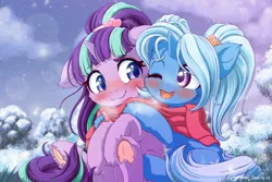Size: 2400x1600 | Tagged: safe, artist:symbianl, derpibooru import, starlight glimmer, trixie, pony, unicorn, alternate hairstyle, blushing, clothes, cute, cute little fangs, diatrixes, fangs, female, glimmerbetes, hair ornament, hug, image, lesbian, one eye closed, png, s5 starlight, scarf, shipping, sleigh bells, startrix, visible breath
