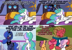 Size: 2562x1786 | Tagged: safe, artist:ladyanidraws, derpibooru import, apple bloom, princess celestia, princess luna, scootaloo, sweetie belle, oc, oc:pun, pony, ask pun, ask, book, cutie mark crusaders, daylight savings, image, png