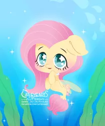 Size: 1563x1866 | Tagged: safe, artist:catseyeart, derpibooru import, fluttershy, pegasus, pony, seapony (g4), 2017, blue eyes, blushing, bubble, chibi, dorsal fin, female, fin wings, fish tail, flowing mane, flowing tail, image, jewelry, jpeg, logo, looking at you, necklace, ocean, open mouth, seaponified, seapony fluttershy, smiling, solo, sparkles, species swap, starry eyes, tail, underwater, water, wingding eyes, wings