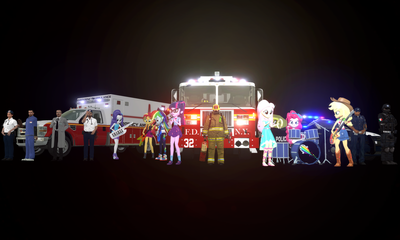 Size: 5120x3072 | Tagged: safe, artist:n3onh100, derpibooru import, applejack, fluttershy, pinkie pie, rainbow dash, rarity, sci-twi, sunset shimmer, twilight sparkle, equestria girls, 3d, ambulance, bass guitar, clothes, converse, doctor, drums, fire axe, fire engine, fire extinguisher, firefighter, guitar, humane five, humane seven, humane six, image, keytar, microphone, musical instrument, nurse, paramedic, png, police car, police officer, shoes, tambourine, the rainbooms