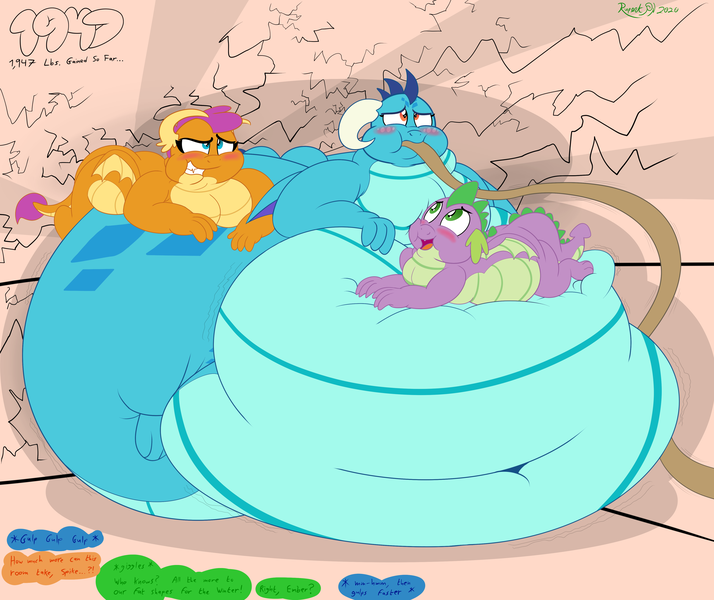 Size: 4400x3700 | Tagged: suggestive, artist:rupertbluefox, derpibooru import, princess ember, smolder, spike, dragon, series:how to gain your dragoness, belly, belly bed, belly button, big belly, blushing, burp, chubby, chubby spike, cracks, descriptive noise, dialogue, dragoness, dragonlard ember, drink, eyes closed, fat, fat ass, fat fetish, fat spike, feeding tube, female, fetish, food, full mouth, gem, hose, hug, huge belly, image, immobile, impossibly large belly, incentive drive, lying down, male, morbidly obese, mug, obese, one eye closed, png, prone, sblobder, squished, squishy cheeks, stomach noise, stuffing, tongue out, trio, weight gain, weight gain sequence, wide eyes