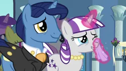 Size: 1280x720 | Tagged: safe, derpibooru import, screencap, night light, twilight velvet, pony, unicorn, a canterlot wedding, ascot, ascot tie, clothes, crying, cute, daaaaaaaaaaaw, female, grin, handkerchief, hnnng, image, jewelry, liquid pride, magic, magic aura, male, mare, necklace, png, puppy dog eyes, smiling, stallion, suit, sweet dreams fuel, tears of joy, tuxedo, velvetbetes