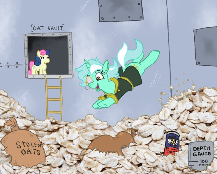 Size: 1500x1208 | Tagged: safe, artist:jargon scott, derpibooru import, bon bon, lyra heartstrings, sweetie drops, earth pony, pony, unicorn, bon bon is not amused, clothes, dock, expensive imported oats, female, food, herbivore, image, jpeg, l.u.l.s., mare, monocle, oats, robe, scrooge mcduck, swimming, unamused