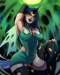 Size: 1158x1440 | Tagged: suggestive, artist:traupa, derpibooru import, queen chrysalis, human, black panties, black underwear, breasts, busty queen chrysalis, cleavage, clothes, dress, fangs, female, hive, horn, horned humanization, humanized, image, jpeg, open mouth, panties, reversalis, socks, solo, solo female, stockings, thigh highs, underwear, winged humanization, wings