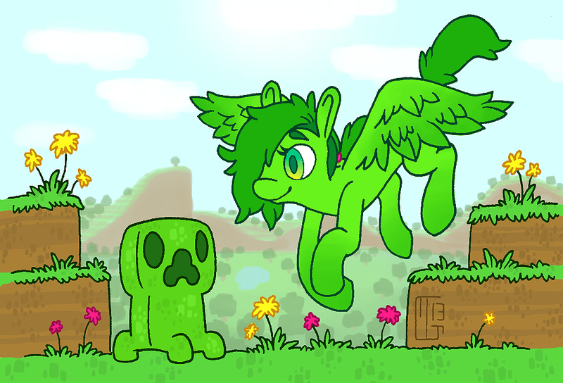 Size: 1068x726 | Tagged: safe, artist:ferwildir, derpibooru import, ponified, pegasus, pony, creeper, duo, flying, image, minecraft, png, smiling