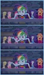 Size: 820x1390 | Tagged: safe, derpibooru import, edit, edited screencap, editor:knightoftheraven, screencap, applejack, fluttershy, pinkie pie, rainbow dash, rarity, sunset shimmer, equestria girls, equestria girls series, spring breakdown, spoiler:eqg series (season 2), 3 panel comic, bracelet, braid, closed mouth, clothes, comic, dialogue, dress, english, eyebrows down, female, frown, geode of super speed, guilt, humane five, image, implied adagio dazzle, implied sonata dusk, jewelry, magical geodes, open mouth, png, ponytail, railing, raised arm, raised hand, screencap comic, sleeveless, sleeveless dress, so close, stormcloud, sympathy for the devil, worry, yacht