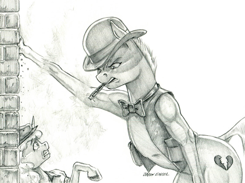 Size: 1400x1046 | Tagged: safe, artist:baron engel, derpibooru import, oc, oc:free n'clear, oc:heartbreaker, earth pony, pony, unicorn, bowler hat, cigar, female, hat, image, jpeg, mare, monochrome, pencil drawing, story included, traditional art