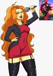 Size: 2480x3508 | Tagged: safe, artist:nire, derpibooru import, adagio dazzle, equestria girls, boots, bracelet, breasts, clothes, dress, eyeshadow, friday night funkin', garters, image, jacket, jewelry, makeup, microphone, nail polish, necklace, png, red dress, shoes, singing, thigh boots, tight clothing