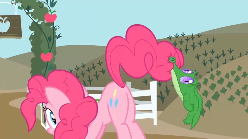 Size: 1920x1080 | Tagged: safe, derpibooru import, screencap, gummy, pinkie pie, alligator, castle mane-ia, balloonbutt, biting, butt, cute, image, jpeg, plot, smiling, sweet apple acres, tail, tail bite