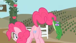 Size: 1920x1080 | Tagged: safe, derpibooru import, screencap, gummy, pinkie pie, alligator, castle mane-ia, balloonbutt, biting, butt, cute, image, jpeg, plot, smiling, sweet apple acres, tail, tail bite