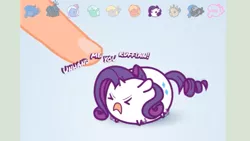 Size: 1366x768 | Tagged: safe, derpibooru import, big macintosh, derpy hooves, discord, lyra heartstrings, nightmare moon, princess luna, queen chrysalis, rarity, trixie, human, pony, annoyed, caption, cute, finger, image, pinkie pie plays, png, poking, raribetes, solo, tsum tsum