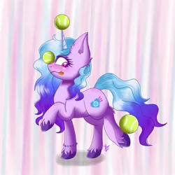 Size: 2297x2297 | Tagged: safe, artist:galaxy swirl, derpibooru import, izzy moonbow, pony, unicorn, blushing, ear fluff, female, g5, high res, hornball, image, izzy's tennis ball, jpeg, looking back, mare, ponies balancing stuff on their nose, raised hoof, solo, tennis ball, that pony sure does love tennis balls, tongue out, unshorn fetlocks