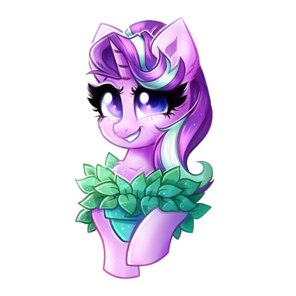 Size: 2500x2500 | Tagged: safe, artist:confetticakez, derpibooru import, phyllis, starlight glimmer, pony, unicorn, bust, chest fluff, cute, ear fluff, female, glimmerbetes, high res, image, jpeg, mare, philodendron, potted plant, smiling, solo