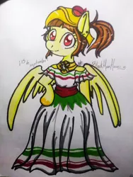 Size: 720x960 | Tagged: safe, artist:blackmoonhooves, derpibooru import, oc, oc:tailcoatl, ponified, anthro, pegasus, pony, clothes, dress, image, mexican independence day, mexico, nation ponies, png, solo, traditional art