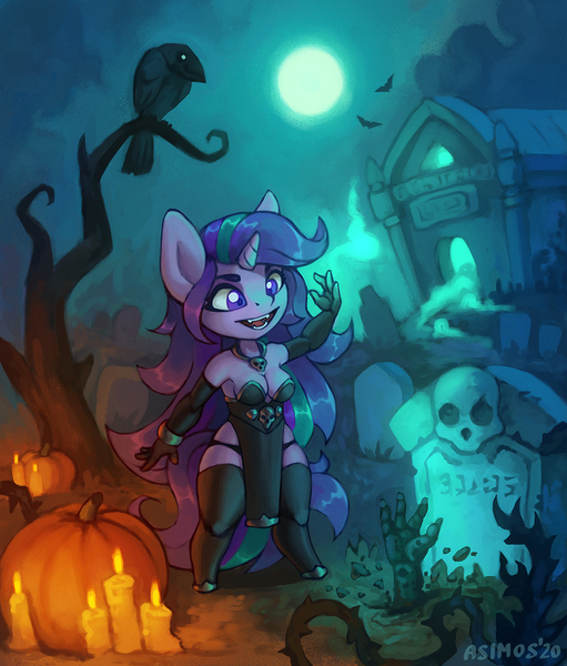 Size: 1022x1200 | Tagged: safe, artist:asimos, derpibooru import, starlight glimmer, anthro, bird, crow, unguligrade anthro, unicorn, breasts, candle, cleavage, clothes, costume, graveyard, halloween, halloween costume, holiday, image, jpeg, moon, necromancy, night, pumpkin, sexy, solo