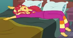 Size: 686x362 | Tagged: safe, derpibooru import, screencap, sunset shimmer, eqg summertime shorts, equestria girls, monday blues, barefoot, clothes, cropped, feet, image, pajamas, png, solo