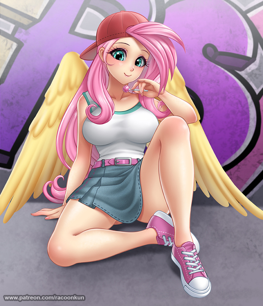 Size: 1000x1162 | Tagged: safe, alternate version, artist:racoonsan, derpibooru import, fluttershy, human, pegasus, 90s grunge fluttershy, anime, backwards ballcap, baseball cap, big breasts, breasts, busty fluttershy, cap, clothes, converse, cute, female, gameloft, gameloft interpretation, graffiti, hat, humanized, image, jpeg, lips, makeup, pixiv, schrödinger's pantsu, shoes, shyabetes, skirt, solo, winged humanization, wings