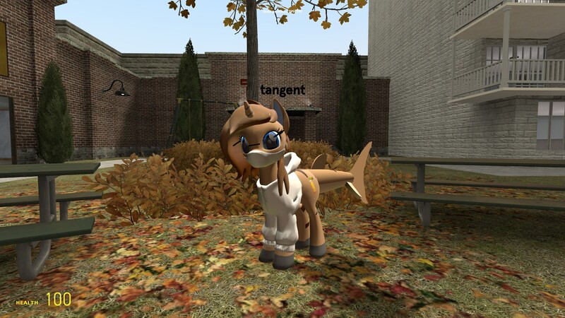 Size: 1920x1080 | Tagged: safe, derpibooru import, oc, oc:fruity pop, original species, shark, shark pony, unicorn, 3d, building, bush, clothes, fins, game, glasses, gmod, image, jpeg, leaves, male, mask, outdoors, pac3, picnic table, solo, sweater, table, tree