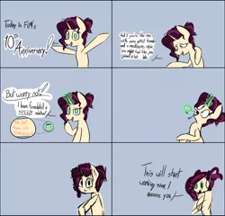 Size: 3000x2882 | Tagged: safe, artist:pinkberry, derpibooru import, oc, oc:mulberry merlot, unofficial characters only, pony, unicorn, blush sticker, blushing, comic, female, freckles, happy birthday mlp:fim, heart, image, magic, mare, mlp fim's tenth anniversary, pills, png, solo, talking, tattoo