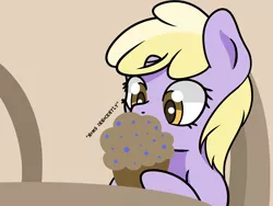 Size: 1600x1200 | Tagged: safe, artist:dinkyuniverse, derpibooru import, derpy hooves, dinky hooves, pony, unicorn, blueberry muffin (food), chair, cute, dinkabetes, eating, female, filly, foal, food, herbivore, image, innocent, kitchen, muffin, munching, nom, png, table, that pony sure does love muffins
