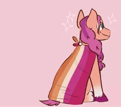 Size: 2000x1759 | Tagged: safe, artist:xdeermeatx, derpibooru import, sunny starscout, earth pony, pony, braid, cape, clothes, g5, headcanon, image, jpeg, lesbian pride flag, lgbt headcanon, pink background, pride, pride flag, sexuality headcanon, simple background, sitting, smiling, solo, unshorn fetlocks