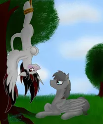 Size: 1000x1200 | Tagged: safe, artist:crystalcontemplator, derpibooru import, oc, unofficial characters only, alicorn, pegasus, pony, alicorn oc, blushing, crossed arms, duo, embarrassed, hanging, horn, image, jpeg, outdoors, pegasus oc, rope, suspended, tree, upside down, wings