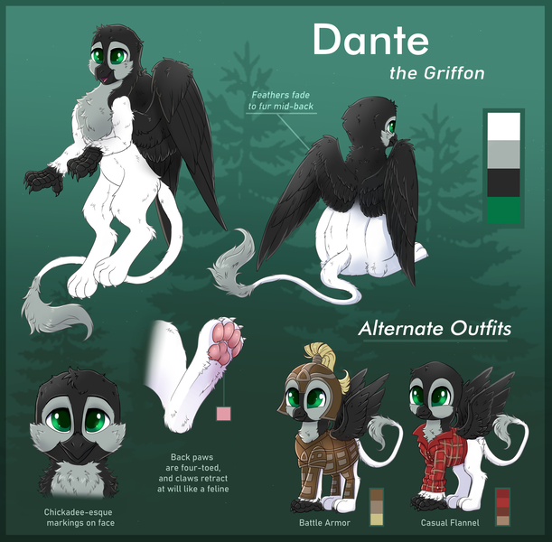 Size: 5578x5478 | Tagged: safe, artist:confetticakez, derpibooru import, oc, oc:dante, gryphon, armor, cheek fluff, chest fluff, chibi, commission, flannel, griffon oc, image, paw pads, paws, png, reference sheet, sitting, solo, talons, toe beans, underpaw