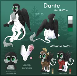 Size: 5578x5478 | Tagged: safe, artist:confetticakez, derpibooru import, oc, oc:dante, gryphon, armor, cheek fluff, chest fluff, chibi, commission, flannel, griffon oc, image, paw pads, paws, png, reference sheet, sitting, solo, talons, toe beans, underpaw