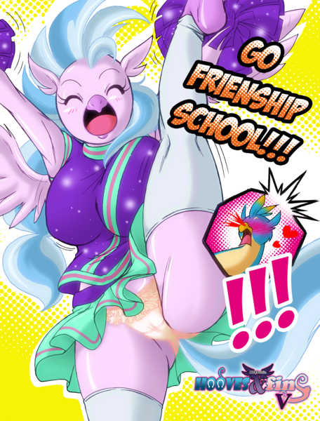 Size: 1500x1974 | Tagged: questionable, artist:boastudio, derpibooru import, gallus, silverstream, anthro, hippogriff, comic:hooves & fins, 2 4 6 greaaat, !!!, big breasts, blood, blushing, breasts, busty silverstream, cameltoe, cheerleader, cheerleader outfit, cheerleader silverstream, clothes, eyes closed, image, implied gallstream, misspelling, nosebleed, open mouth, panties, png, raised leg, shipping, skirt, skirt lift, socks, standing splits, stockings, thigh highs, underwear, upskirt, yellow underwear