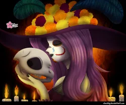 Size: 2224x1859 | Tagged: safe, artist:clouddg, derpibooru import, catrina, fluttershy, equestria girls, cempasúchil, dia de los muertos, eyes closed, image, makeup, png, skull