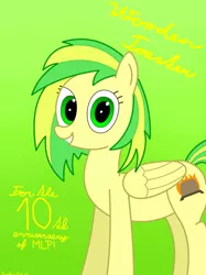 Size: 3016x4032 | Tagged: safe, artist:rainbowšpekgs, derpibooru import, oc, oc:wooden toaster, unofficial characters only, pegasus, pony, cursive writing, happy birthday mlp:fim, image, mlp fim's tenth anniversary, png, poster, simple background, smiling, solo, standing, text, wings, writing