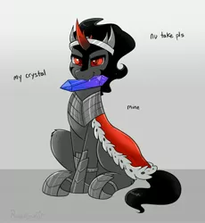 Size: 3389x3689 | Tagged: safe, artist:confetticakez, derpibooru import, king sombra, pony, unicorn, armor, behaving like a dog, cape, clothes, crystal, cute, cute little fangs, fangs, image, jpeg, male, mine!, mouth hold, sitting, solo, sombradorable, stallion, that pony sure does love crystals