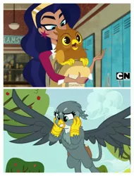 Size: 3106x4096 | Tagged: safe, derpibooru import, edit, edited screencap, screencap, gabby, gryphon, human, the fault in our cutie marks, cartoon network, dc superhero girls, diana prince, image, jpeg, steve (griffon), wonder woman