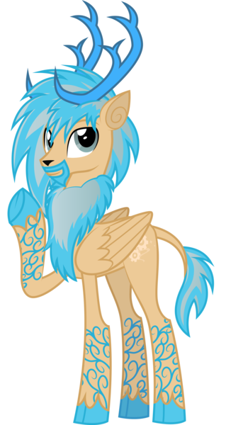 Size: 2296x4325 | Tagged: safe, artist:lightning stripe, derpibooru import, oc, oc:ori wisp, unofficial characters only, deer, deer pony, original species, peryton, pony, derpibooru community collaboration, 2021 community collab, antlers, beard, blue mane, cloven hooves, commission, cutie mark, derpibooru exclusive, facial hair, image, leonine tail, male, neck fluff, one hoof raised, png, show accurate, simple background, smiling, solo, stallion, transparent background, two toned mane, vector, wings