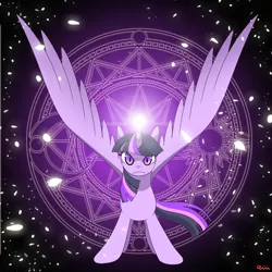 Size: 900x900 | Tagged: safe, artist:jgu112, derpibooru import, twilight sparkle, twilight sparkle (alicorn), alicorn, pony, female, image, jpeg, looking at you, magic, magic circle, mare, solo, spread wings, wings